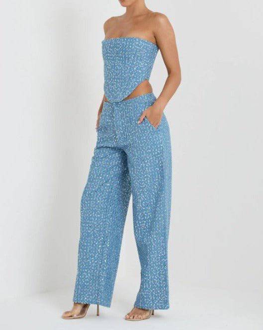 Hilda Sequin Destroyed Zipper Tube Top And High Waist Straight Leg Pants Set - Hot fashionista