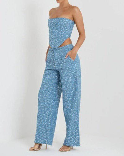 Ensemble haut tube zippé à paillettes et pantalon taille haute à jambe droite Hilda