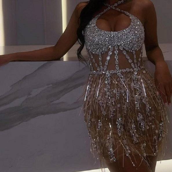 Robe courte en maille ajourée à strass Kymbra