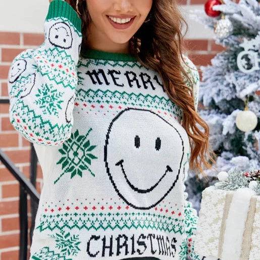 Laila Smiley Face Snow Flakes Pattern Sweater - Hot fashionista