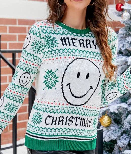 Laila Smiley Face Snow Flakes Pattern Sweater - Hot fashionista