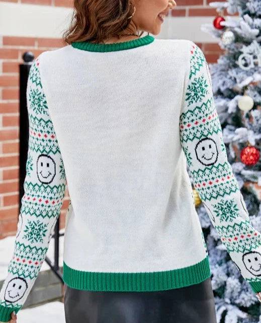 Laila Smiley Face Snow Flakes Pattern Sweater - Hot fashionista