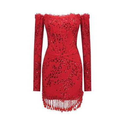 Laurie Crystal Tassel Sequin Patchwork Lace Mini Dress