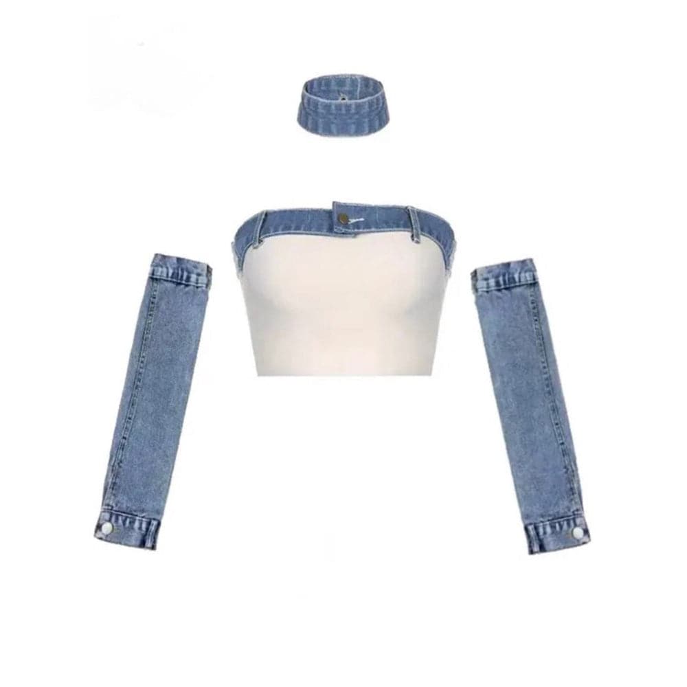 Madilynn Tube Top Denim Arm Sleeves , Choker Set - Hot fashionista