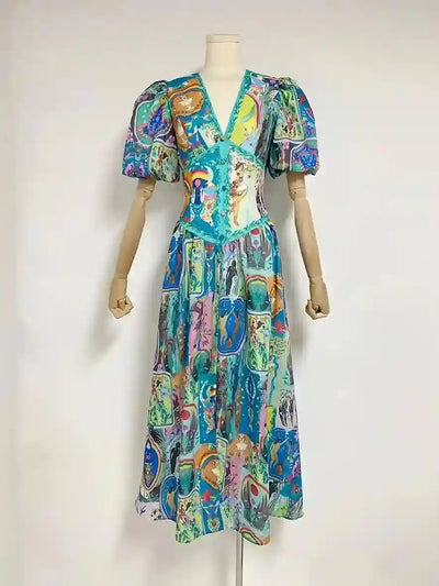 Vestido midi bohemio con estampado floral y mangas abullonadas de Marina