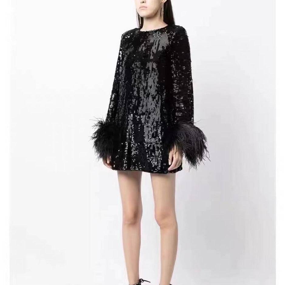 Robe courte à sequins et plumes Melia 