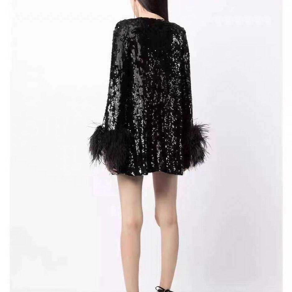 Melia Feather-trim Sequin Mini Dress