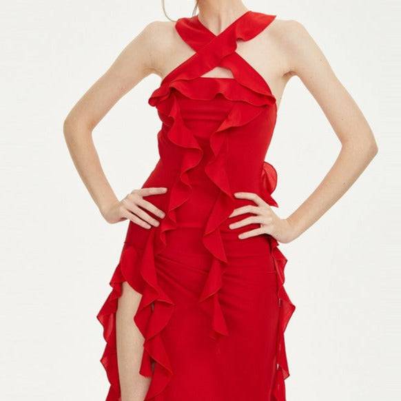 Nicolette Strapless Ruffle Slit Midi Dress - Hot fashionista