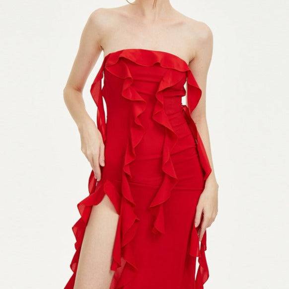 Nicolette Strapless Ruffle Slit Midi Dress - Hot fashionista