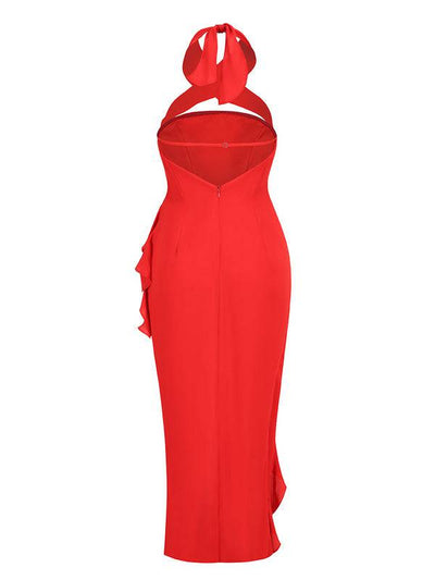 Nicolette Strapless Ruffle Slit Midi Dress