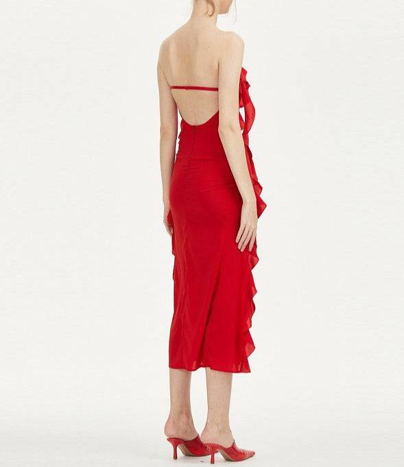 Nicolette Strapless Ruffle Slit Midi Dress - Hot fashionista