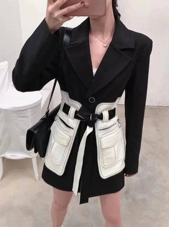 Pepper Contrast-Panel Blazer with Belt - Hot fashionista