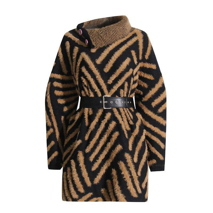 Phillipa Striped Patchwork Knitting With Belt Loose Sweater Dress - Hot fashionista