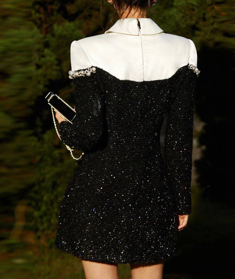 Prairie Long-Sleeve Rhinestone Sequined Paneled Tweed Mini A-Line Dress - Hot fashionista