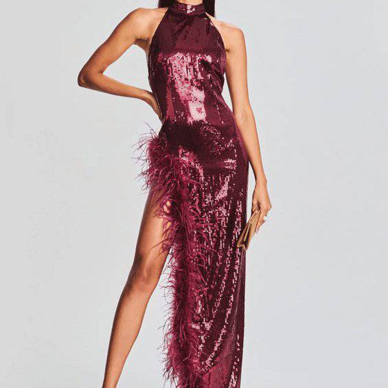 Queenie Halter Neck Feather Sequin Slits Dress - Hot fashionista