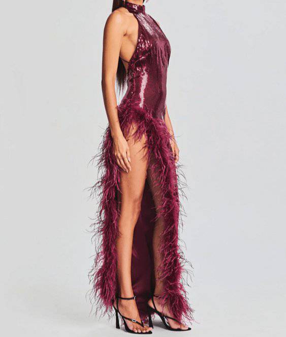 Queenie Halter Neck Feather Sequin Slits Dress - Hot fashionista