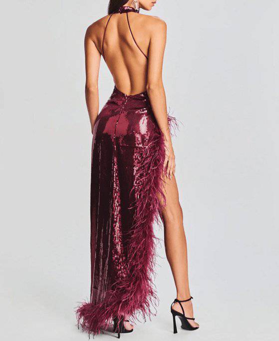 Queenie Halter Neck Feather Sequin Slits Dress - Hot fashionista