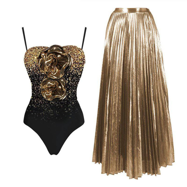 Quincy Metallic Flower Detail & Long Pleated Maxi Skirt Set - Hot fashionista