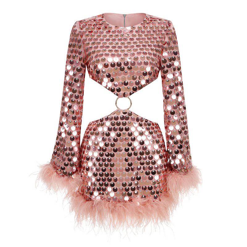 Rosie Long Sleeve Sequin Feather Cutout Mini Dress - Hot fashionista