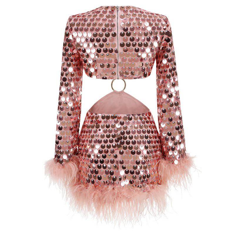 Rosie Long Sleeve Sequin Feather Cutout Mini Dress - Hot fashionista