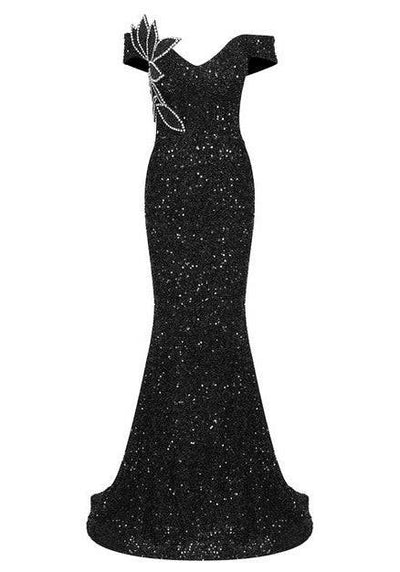 Robe longue sirène à sequins et épaules dénudées Sacilia