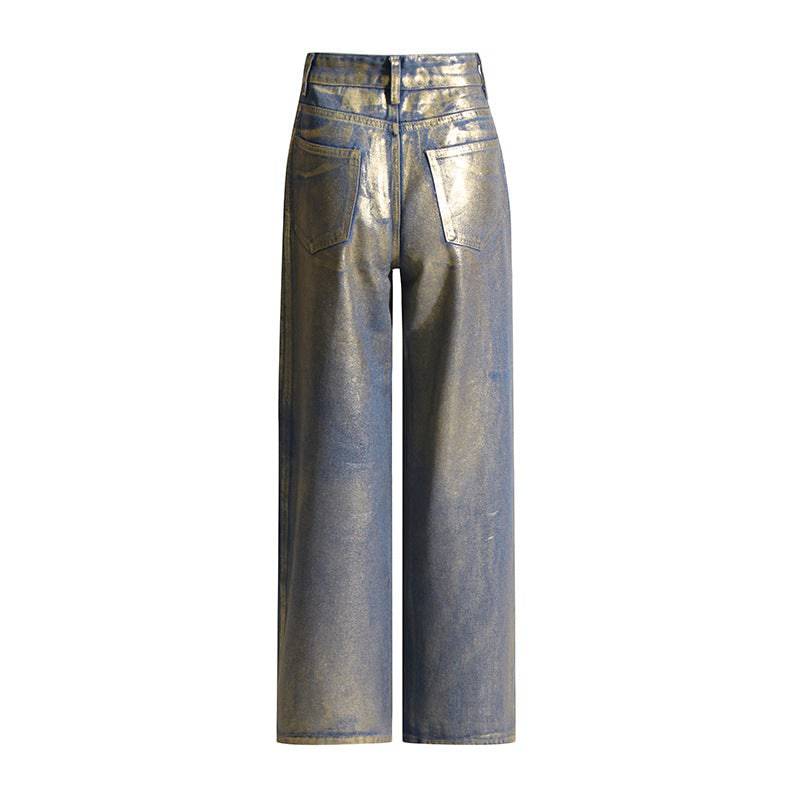 Vennie Loose Straight Jeans With Metallic Finish - Hot fashionista