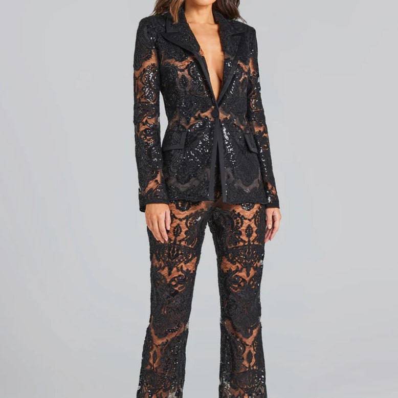 Blazer à paillettes en dentelle Leigh avec pantalon évasé