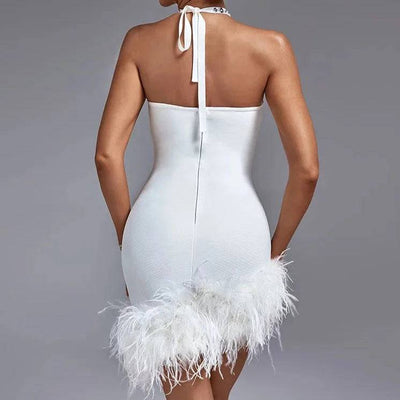 Nelly Crystal Halter Backless Feather Mini Dress