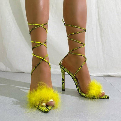 Nora Pointed Open Toe Fluffy Feather High Heel Sandal