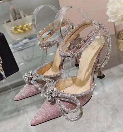 Agnes Pointed Toe Glitter Rhinestone Crystal Bowknot High Heel Sandal