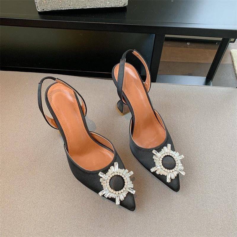 Hallie Pointed Toe Crystal Buckle Embellished Slingback High Heel Shoes - Hot fashionista