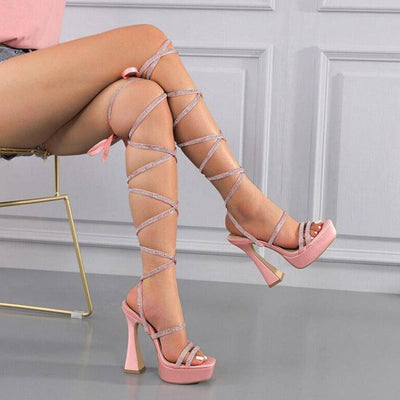 Matilda  Open Toe Rhinestone Strap Lace-Up Platform Heel Sandal