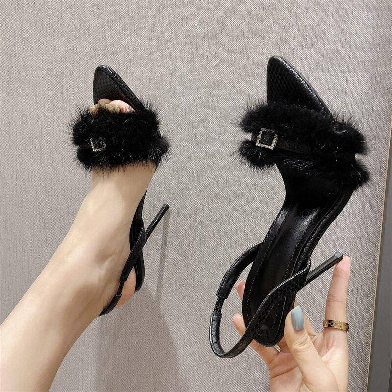 Olive Pointed Open Toe Furry Fur Embellished Slip-On Back Strap Sandals - Hot fashionista