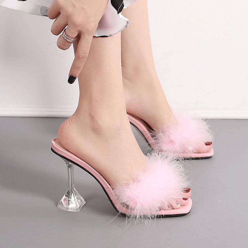 Rowan Peep Toe Fur Transparente Sandalias de tacón alto - Hot fashionista