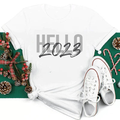 Lydia Short Sleeve " Hello 2023 " Print Top