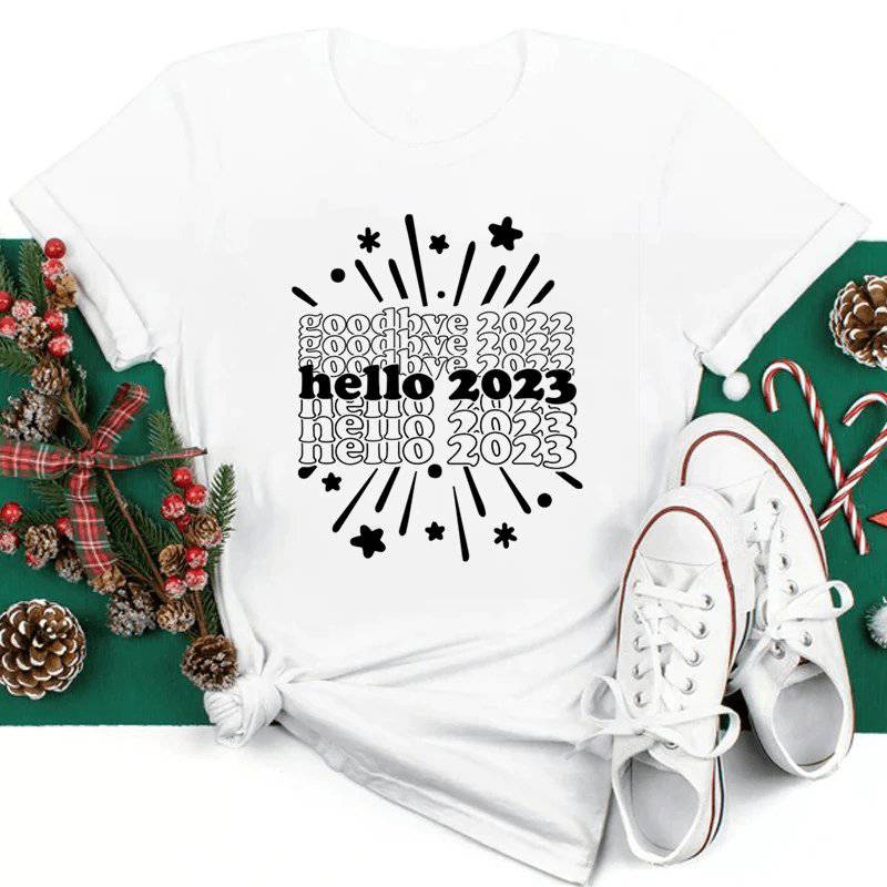 Lydia Short Sleeve " Hello 2023 " Print Top