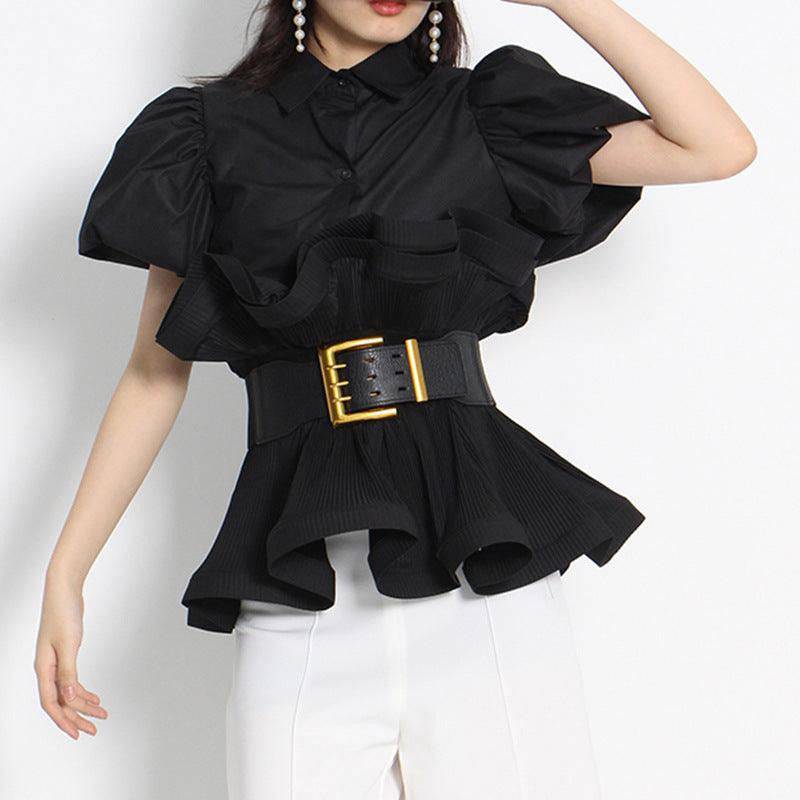 Mary Turn Down Collar Ruffle Belted Top