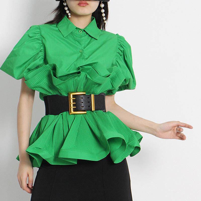 Mary Turn Down Collar Ruffle Belted Top