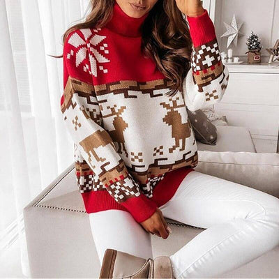 Lucy Turtleneck Long Sleeve Elk Snowflake Print Sweater - Hot fashionista