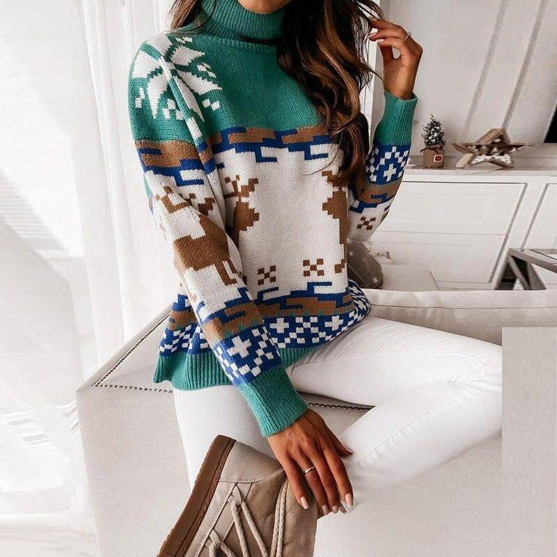 Lucy Turtleneck Long Sleeve Elk Snowflake Print Sweater - Hot fashionista