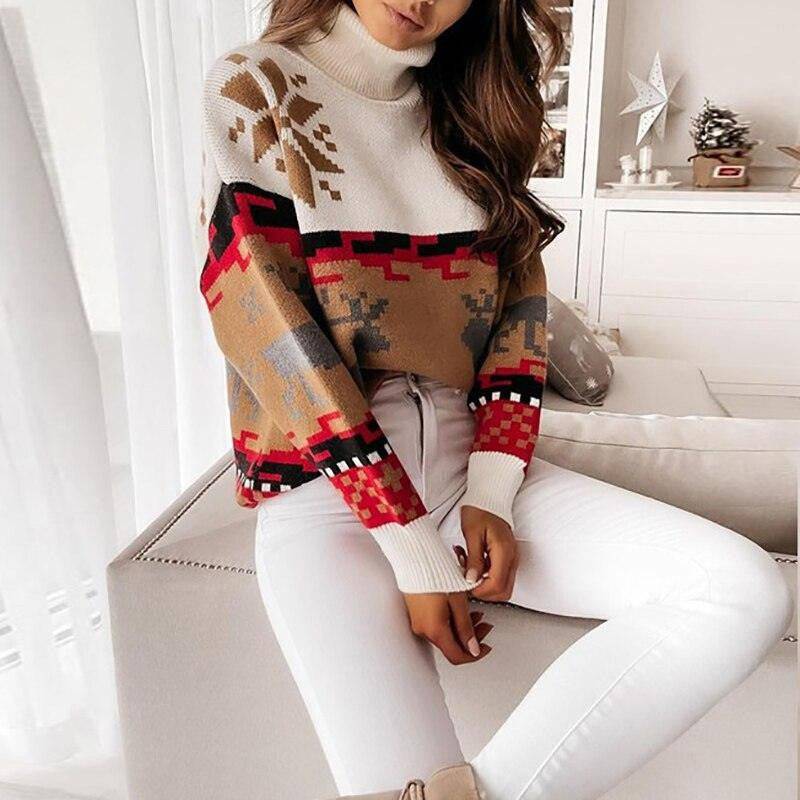 Lucy Turtleneck Long Sleeve Elk Snowflake Print Sweater - Hot fashionista