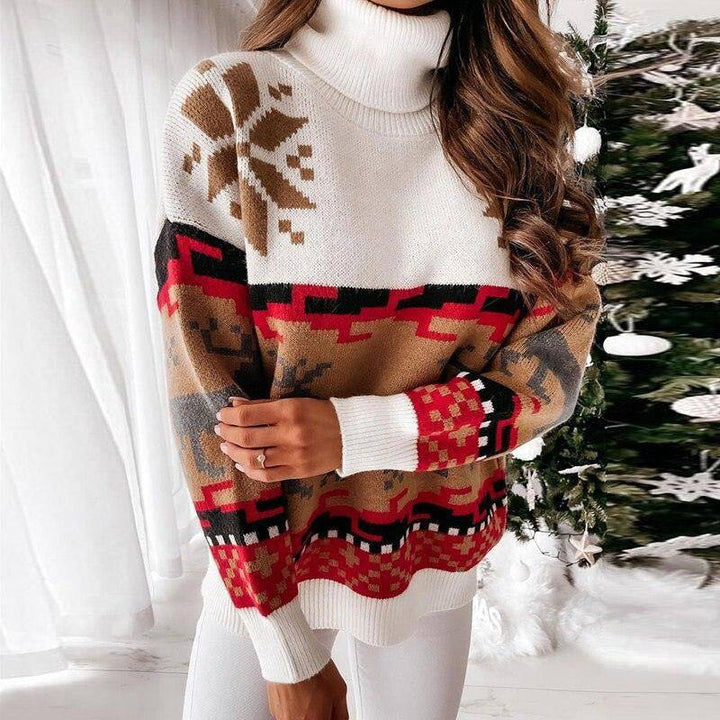 Lucy Turtleneck Long Sleeve Elk Snowflake Print Sweater - Hot fashionista