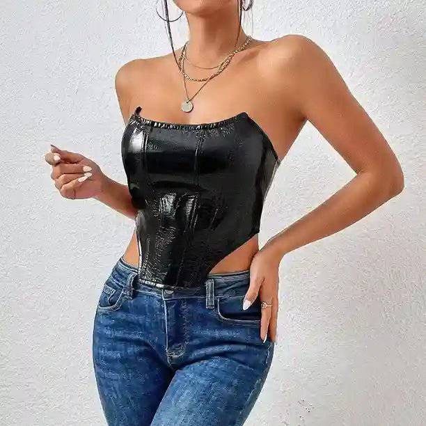 Mariah Off Shoulder PU Leather Corset Top - Hot fashionista