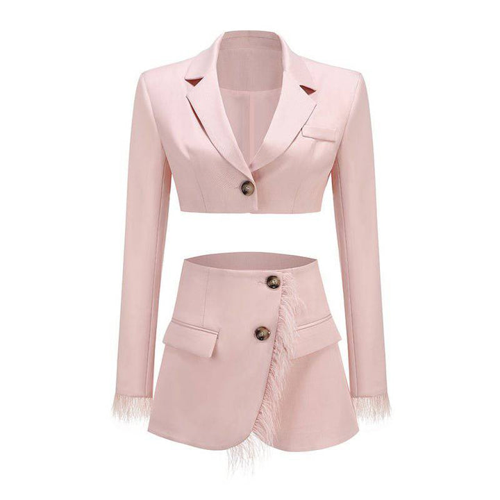 Lexi Long Sleeve Cropped Feather Blazer & Feather Skirt Set - Hot fashionista