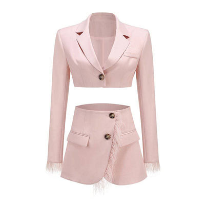 Lexi Long Sleeve Cropped Feather Blazer & Feather Skirt Set