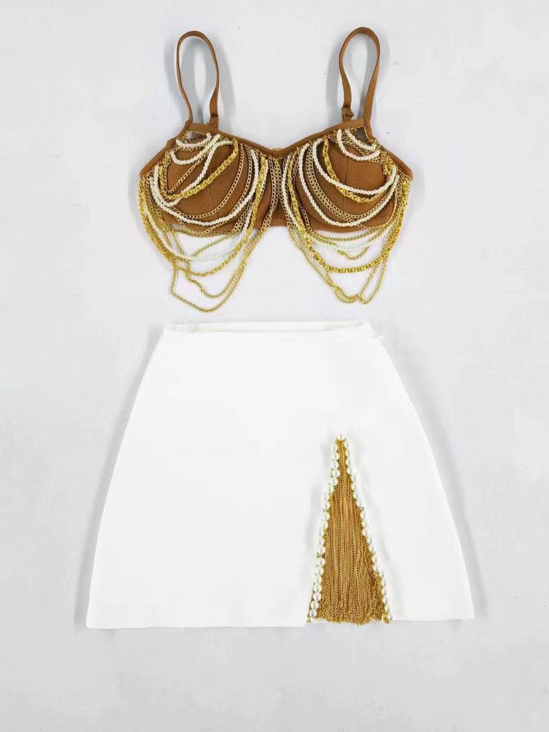 Marian Spaghetti Strap Pearl Chain Top & Skirt Set