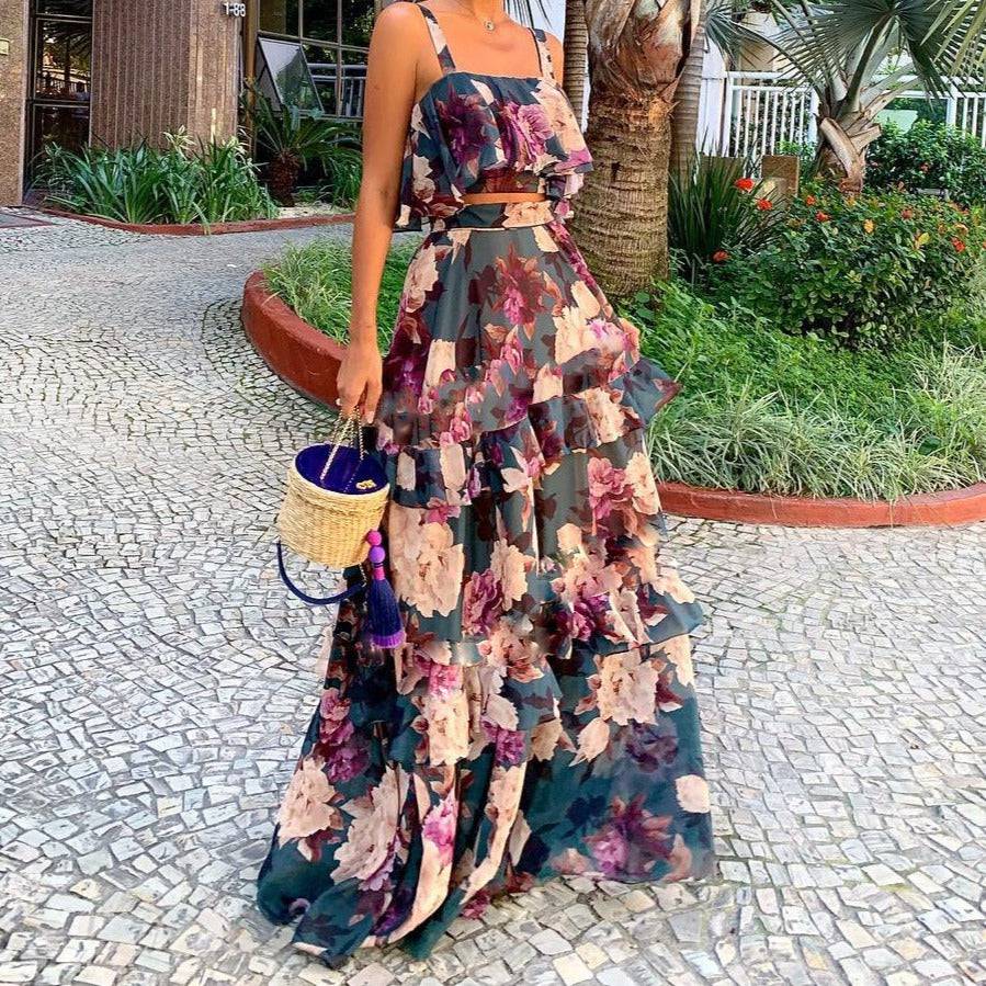 Mertysa Spaghetti Strap Floral Top & Ruffle Long Skirt Set - Hot fashionista