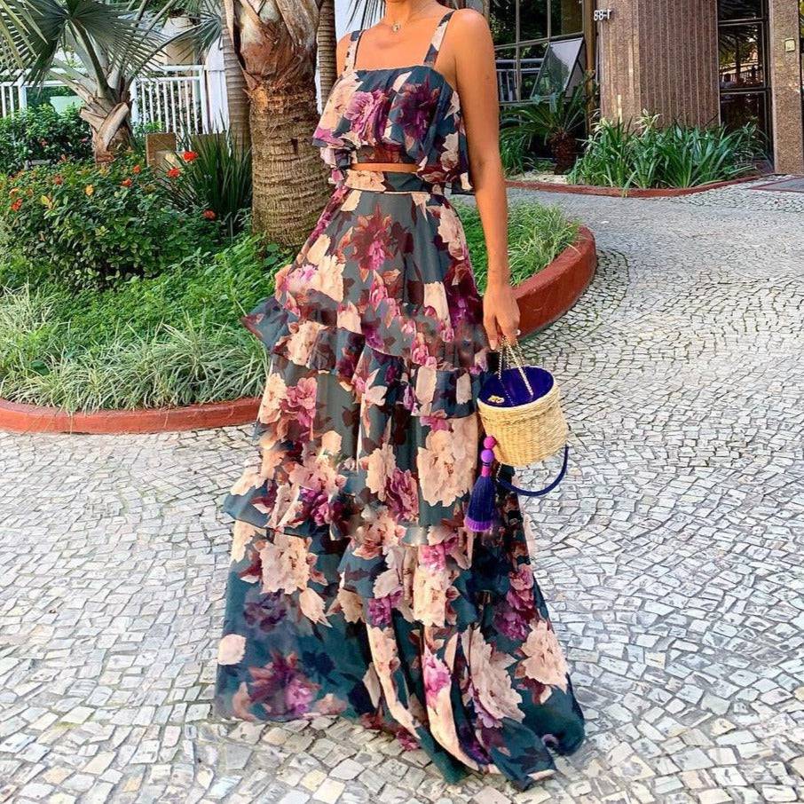 Mertysa Spaghetti Strap Floral Top & Ruffle Long Skirt Set