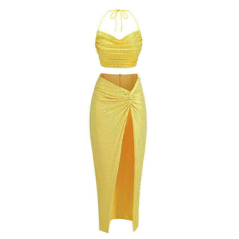 Honey Halter Neck Crop Top & Side Slit Skirt Set