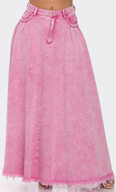 Rosaline High Rise Washed Denim Maxi A-Line Skirt